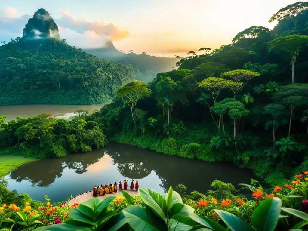 Una escena exuberante de la selva amazónica con pueblos amazónicos en danza, reflejando poesía y culturas ancestrales