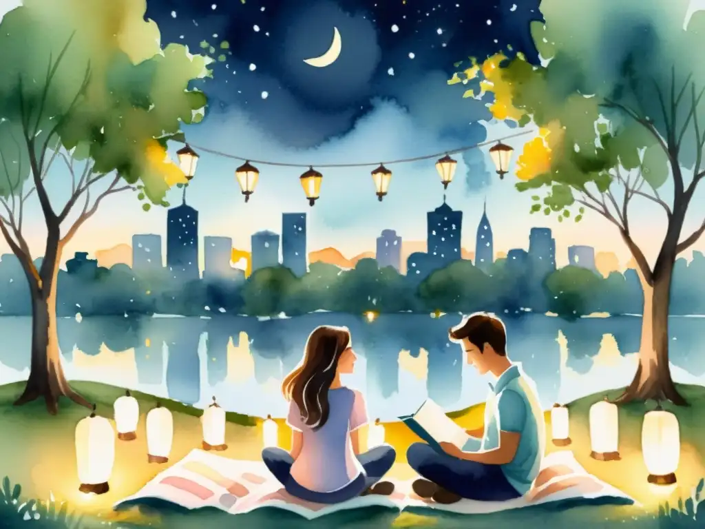 Una escena íntima de una pareja leyendo poesía bajo la luz de las linternas en un parque nocturno