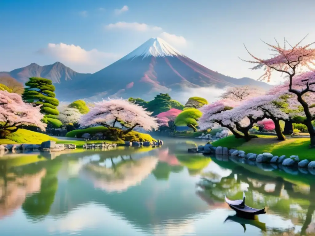 Escena de jardín japonés con farol de piedra y cerezos en flor, creando un ambiente de paz y belleza ideal para compartir haikus en redes sociales