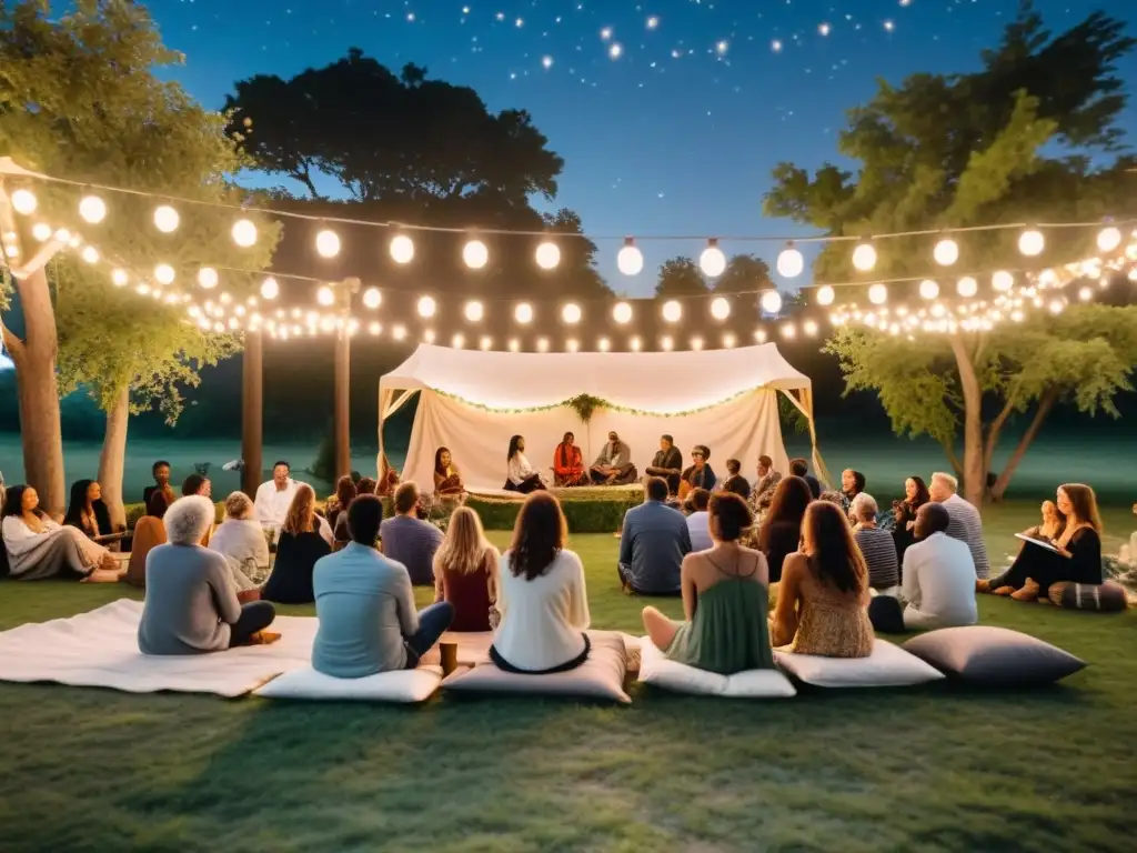 Escena mágica de un evento de poesía al aire libre bajo un cielo estrellado, con luces brillantes y una audiencia diversa entre la naturaleza