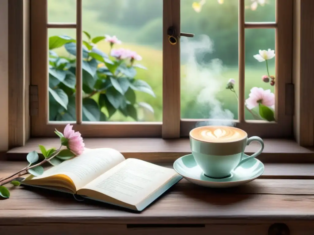 Una escena matutina serena con tazas poéticas café versos inspiradores en una mesa de madera rústica