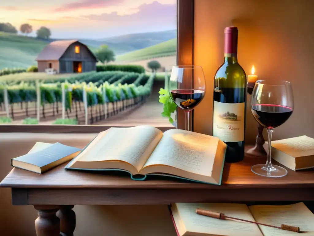 Escena romántica con vino, libros y velas en la viña Una escena de mesa rústica con copas de vino, botella, libros de poesía y velas