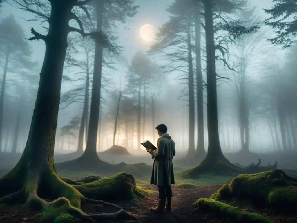 Escena misteriosa en un bosque iluminado por la luna, donde una figura solitaria sostiene un libro de poesía entre la niebla