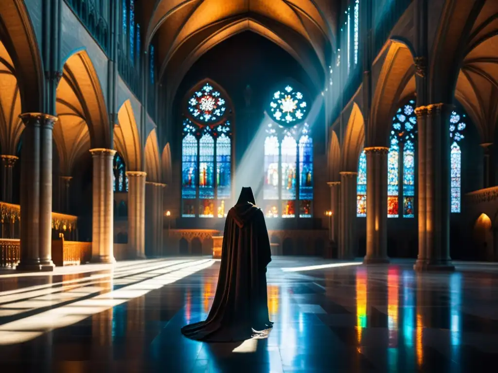 Escena misteriosa y espiritual en una catedral gótica con vitrales coloridos, luz y sombra en el suelo de piedra