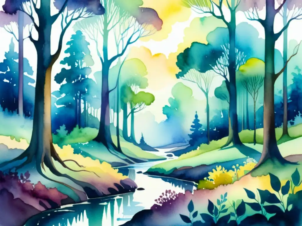 Una escena mística de un bosque en acuarela, con colores vibrantes y otros mundos