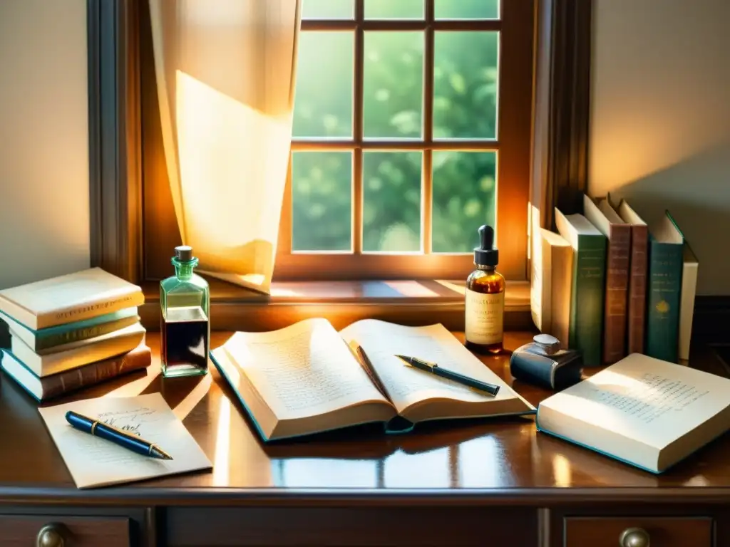 Escena nostálgica de escritorio vintage con libros de poesía de primera edición, plumas de ave y botellas de tinta, iluminada por cálida luz solar