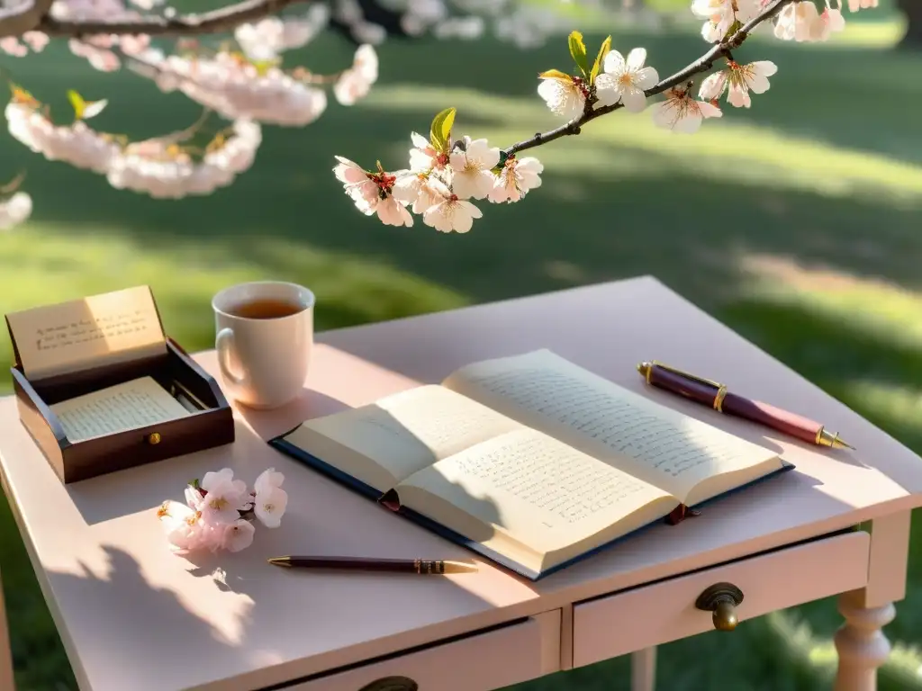 Escena serena bajo cerezo en flor, escritorio acogedor con cuaderno, pluma y poesía escrita