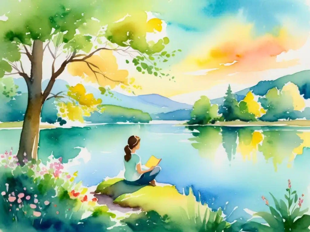 Una escena serena de pintura acuarela: una persona junto a un lago tranquilo rodeado de vegetación exuberante y flores