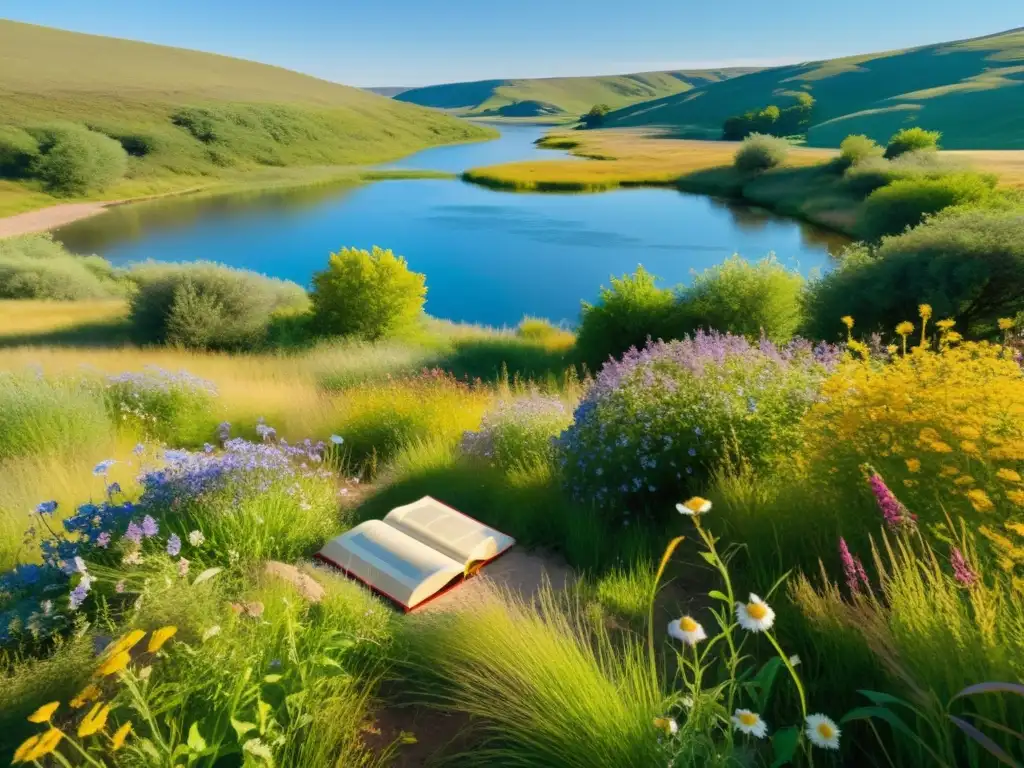 Escena serena en un prado soleado con flores silvestres y un río tranquilo