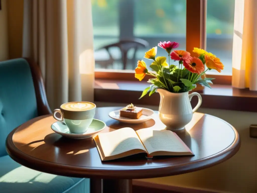 Una escena tranquila en una cafetería con una mesa acogedora lista para uno, decorada con una delicada pintura acuarela de un poema