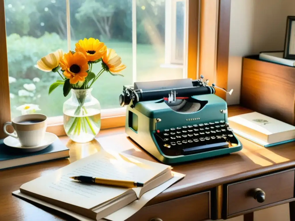 Escena tranquila de escritorio con máquina de escribir, libros de poesía, café y flores