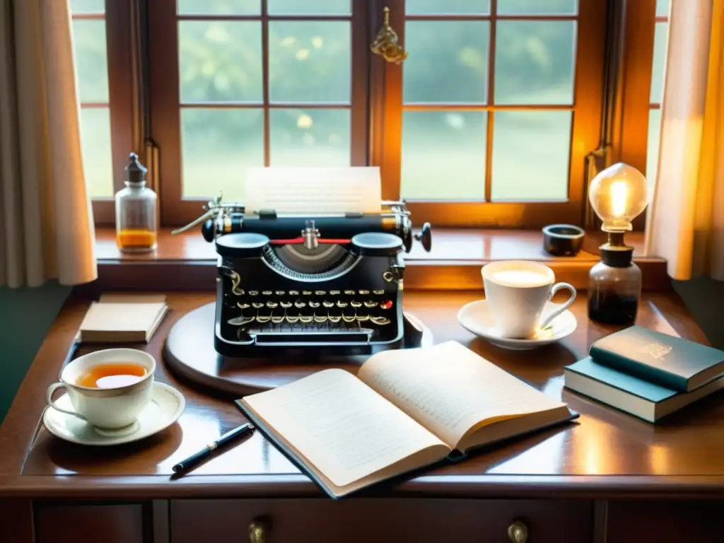 Escena tranquila de escritorio de poeta con antigua máquina de escribir, pluma y taza de té