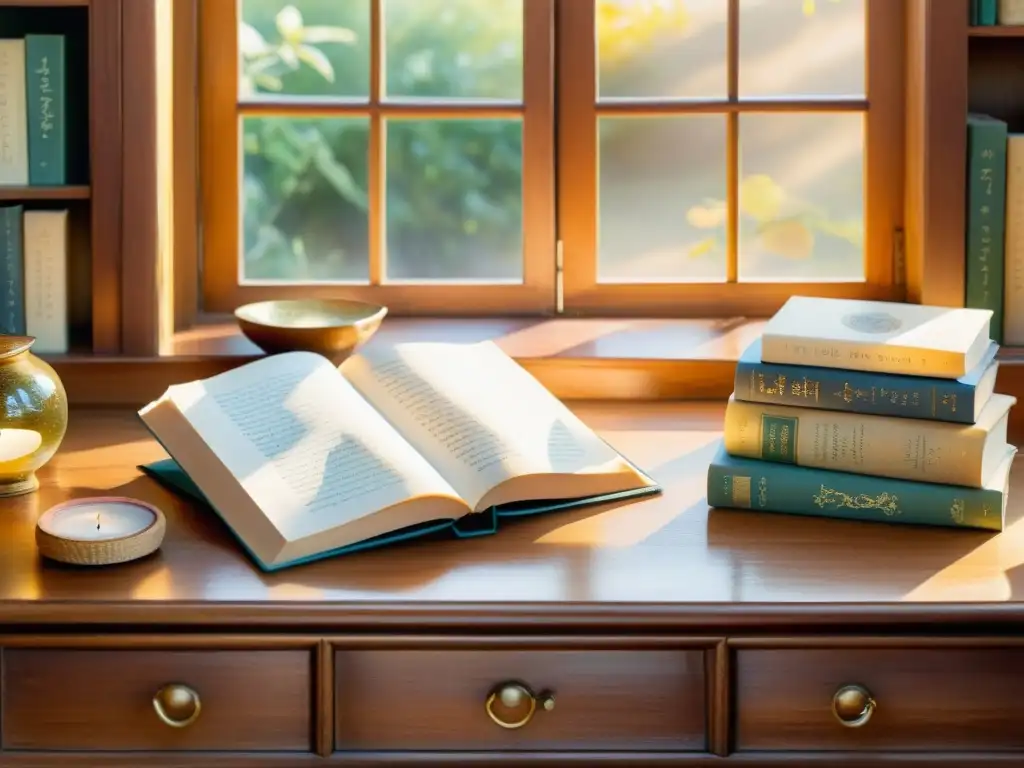 Una escena tranquila de libros de poesía abiertos en un escritorio de madera bañado por suave luz dorada, transmitiendo respeto y diversidad cultural