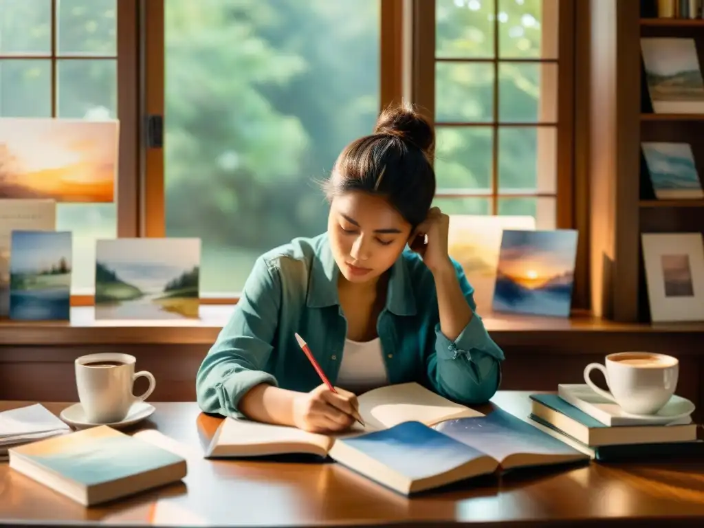 Escena tranquila en un taller de poesía emotiva: una persona escribe en un cuaderno frente a pinturas acuarela, libros y café