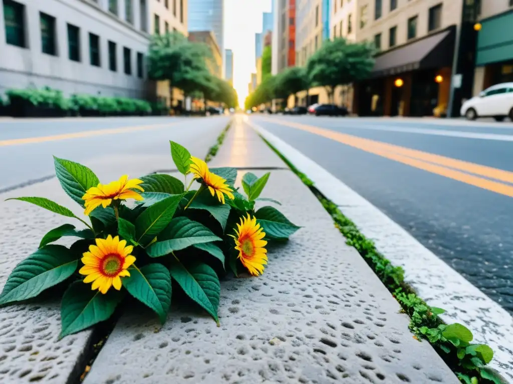 Escena urbana con flores coloridas emergiendo entre el concreto, capturando la poesía urbana y la búsqueda de naturaleza en la ciudad