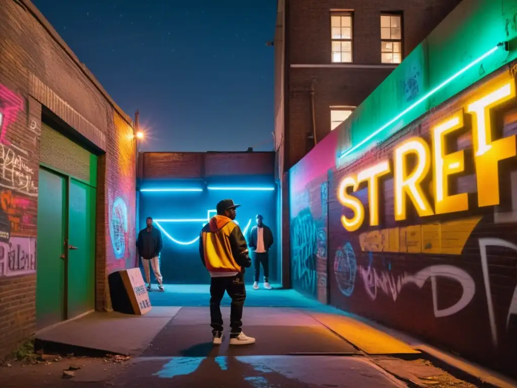 Escena vibrante de poesía urbana hiphop en un callejón nocturno, llena de energía y autenticidad artística