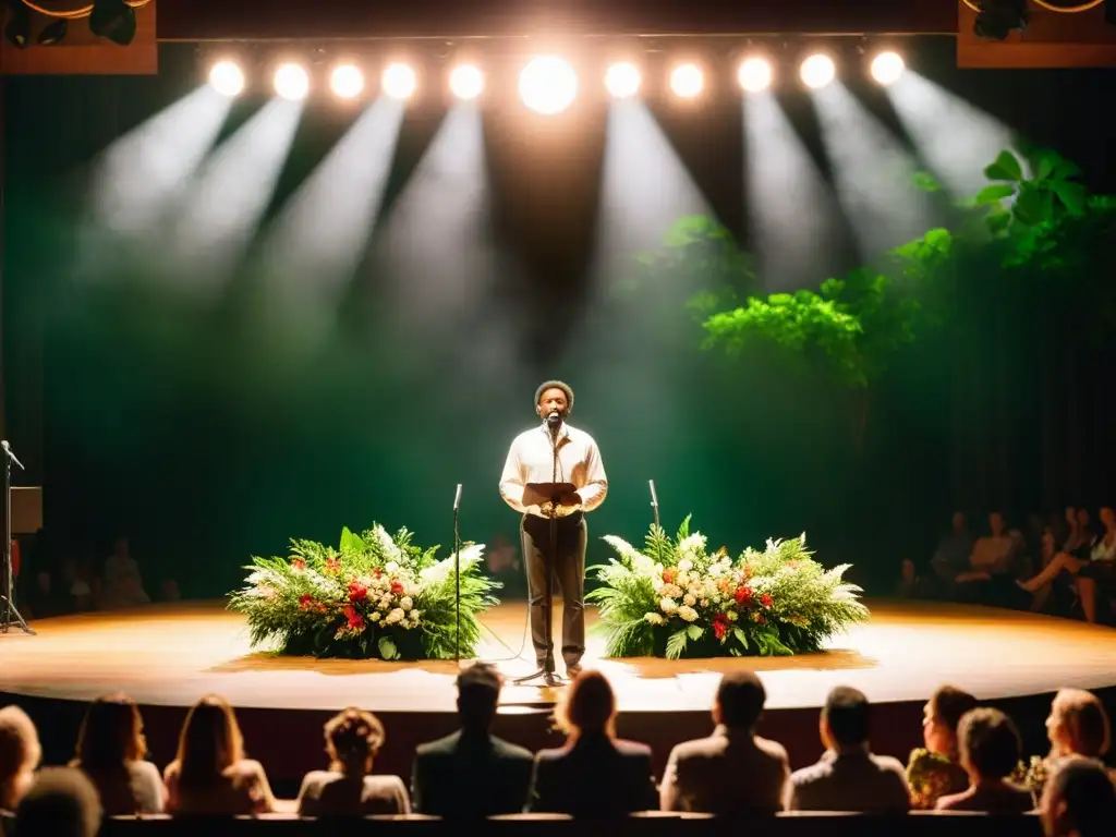 Escenario íntimamente iluminado con un foco sobre un micrófono, rodeado de una audiencia expectante