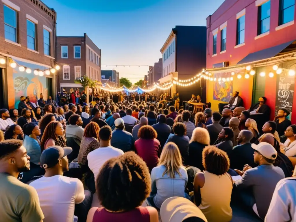 Un escenario urbano vibrante con murales y graffiti, donde la gente se reúne para eventos de poesía urbana cautivantes al atardecer bajo luces cálidas