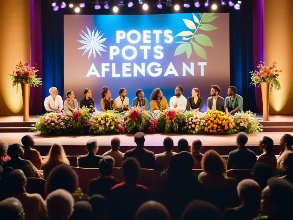 Un escenario vibrante con poetas apasionados recitando en sus lenguas nativas, celebrando la revitalización de lenguas en declive