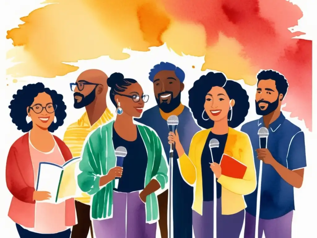 Un escenario vibrante reúne poetas diversos compartiendo su arte, animando a poetas a compartir en un espacio inclusivo y acogedor