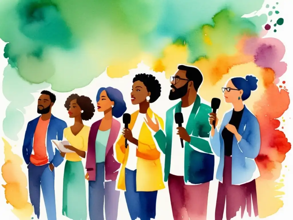 Un escenario vibrante donde poetas recitan con pasión, inspirando y animando a poetas a compartir