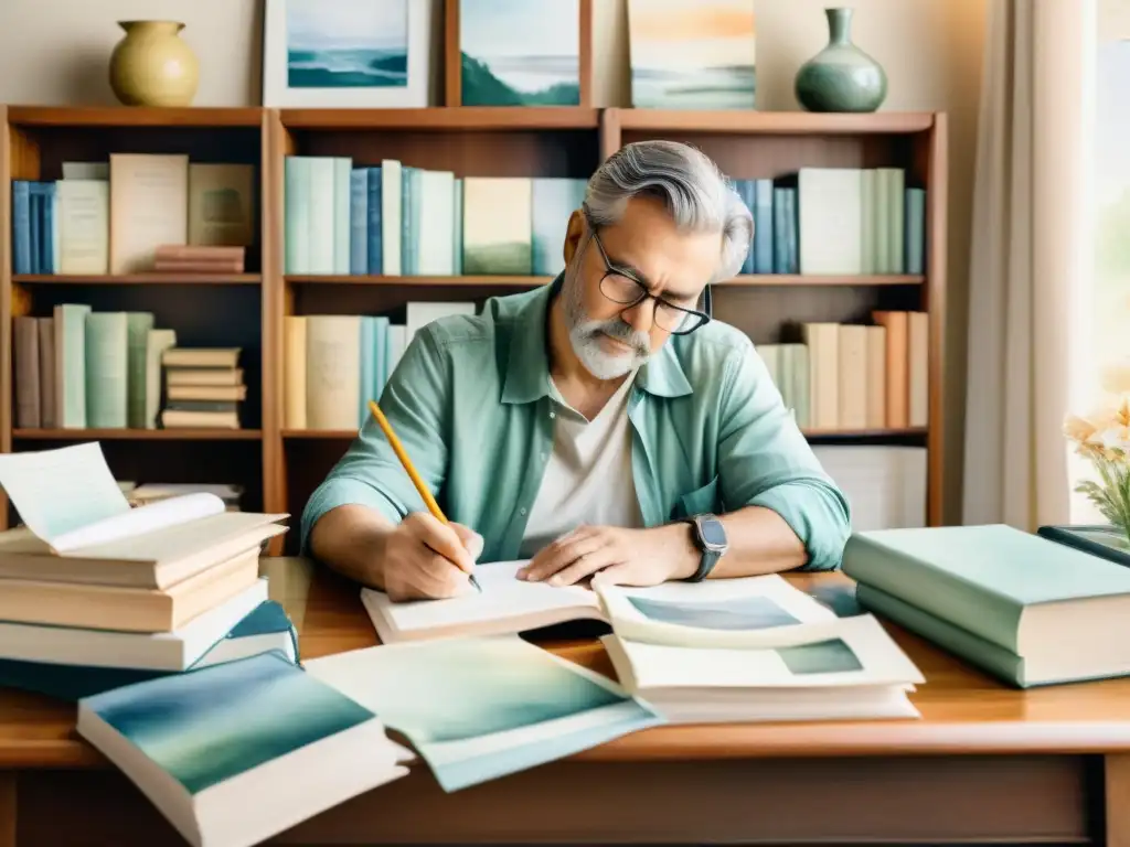 Un escritor inmerso en su obra rodeado de libros, creando un ambiente sereno y enfocado