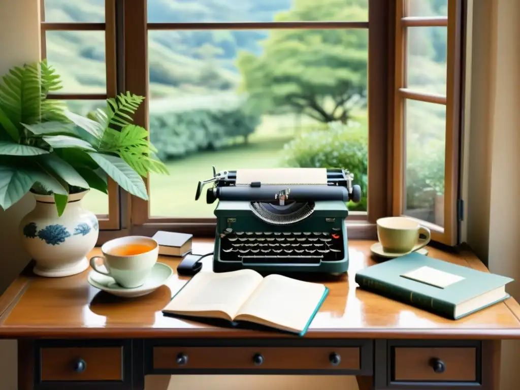 Escritorio acogedor con máquina de escribir, té y poesía en retiro poético con expediciones culturales
