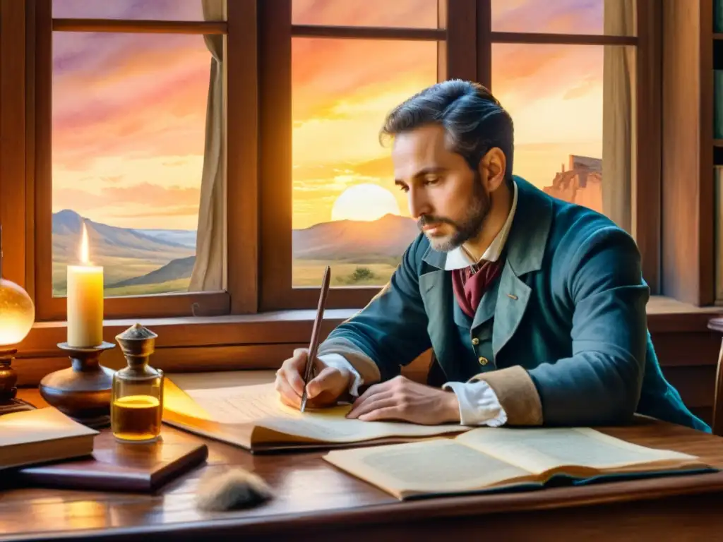 Miguel de Cervantes reflexiona en su escritorio al atardecer, inspirado en el Análisis de poemas emblemáticos Siglo de Oro