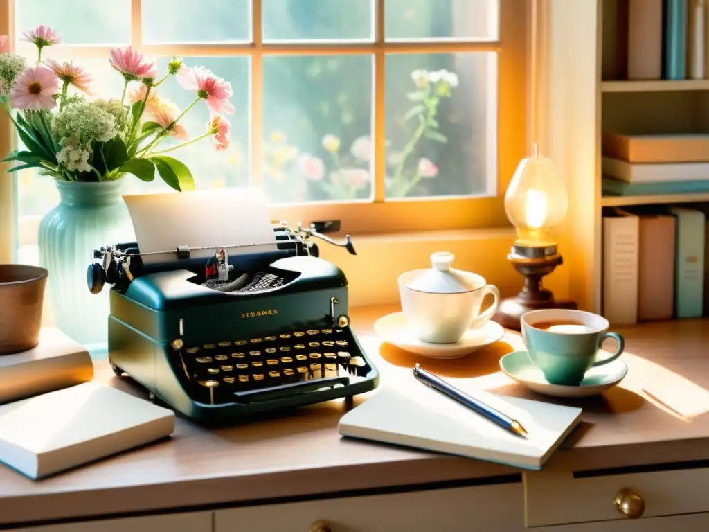 Un escritorio de escritor bañado en luz dorada, con libros, flores y una máquina de escribir vintage