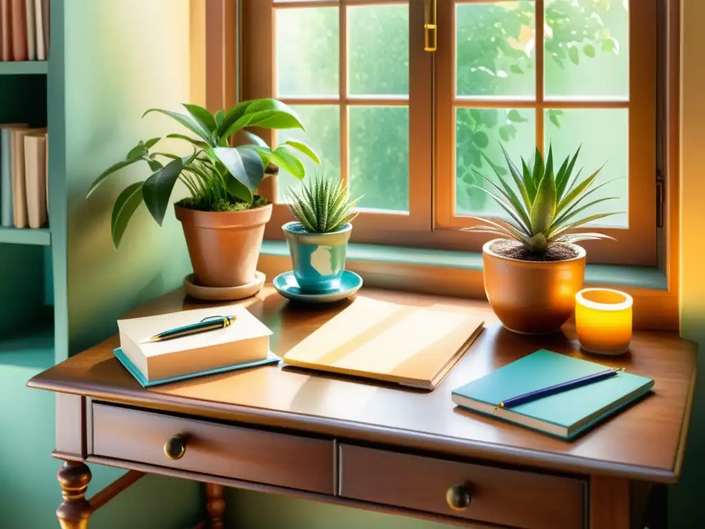 Escritorio de inspiración con plantas, plumas y cuadernos