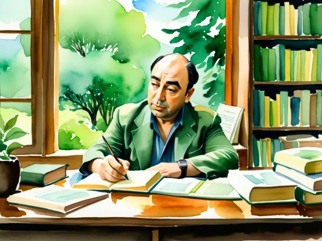 Pablo Neruda reflexiona en su escritorio, rodeado de libros y papeles, con una mirada contemplativa hacia un paisaje verde