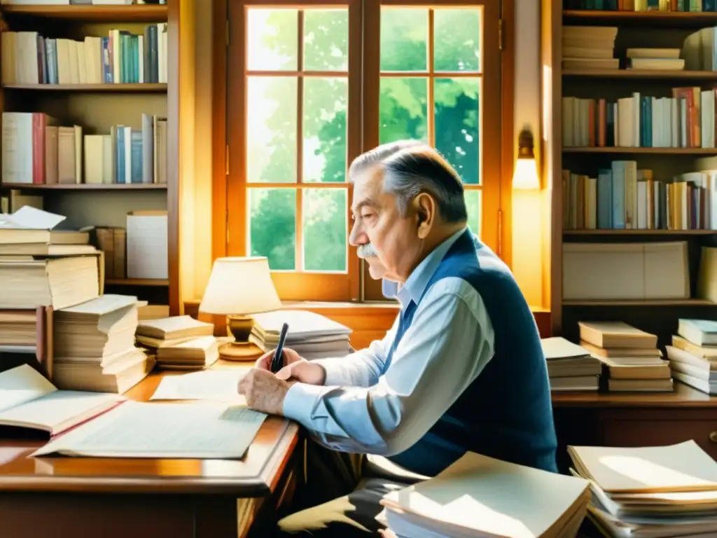 Mario Benedetti reflexiona en su escritorio, rodeado de libros y papeles, con luz suave entrando por la ventana