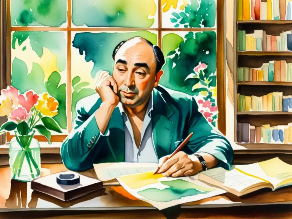 Pablo Neruda reflexiona en su escritorio, rodeado de papel y tinteros, mientras observa un exuberante jardín