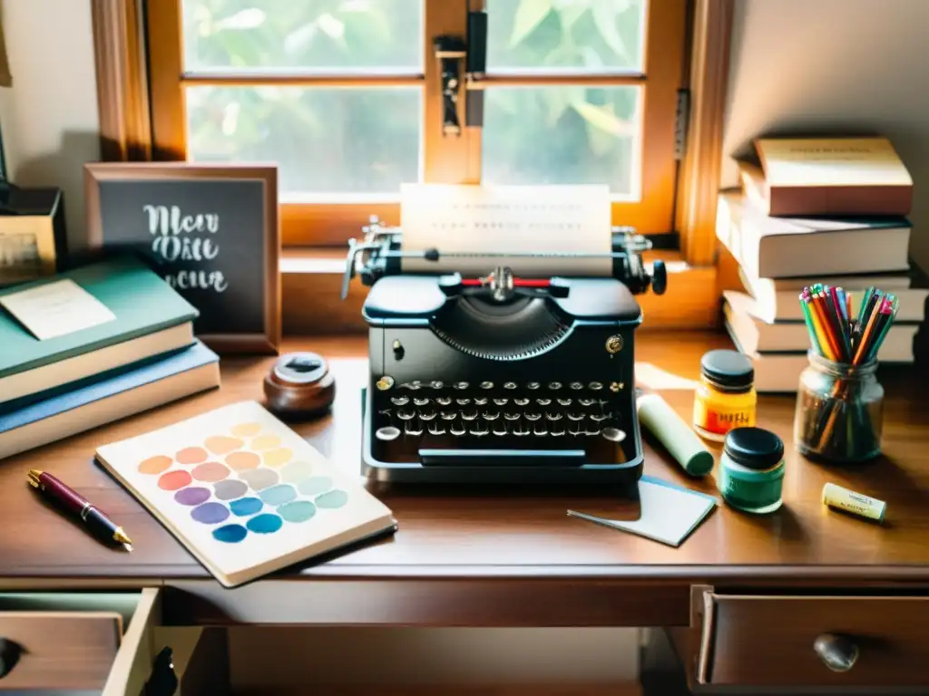 Escritorio rústico con máquina de escribir vintage, pinturas acuarela, plumas y diario de cuero