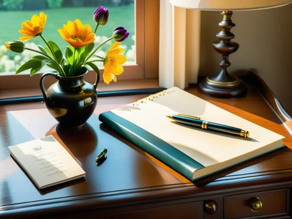 Un escritorio vintage con elegantes útiles de escritura y flores frescas bañado en cálida luz, evocando escritura poética con estilo