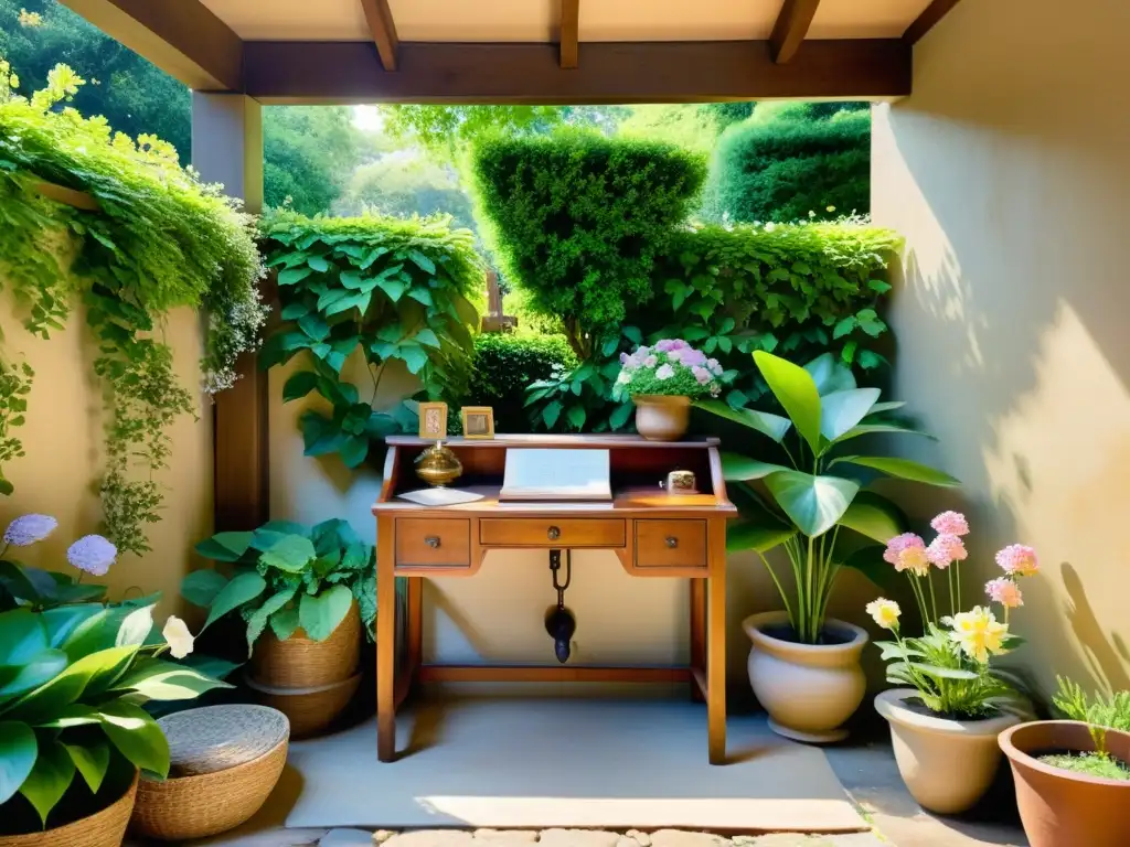 Un rincón de escritura acogedor en un patio tranquilo y soleado, rodeado de exuberante vegetación, perfecto para retiros exclusivos de poesía