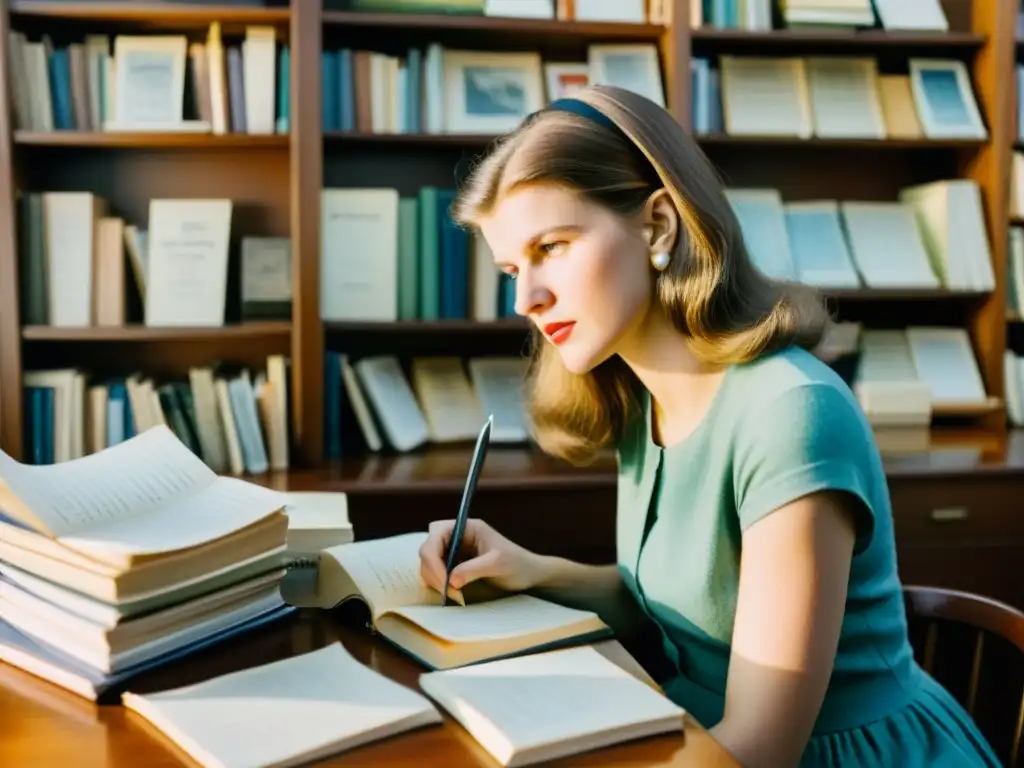 Sylvia Plath se sumerge en la escritura rodeada de libros y diarios, en un ambiente cálido e íntimo