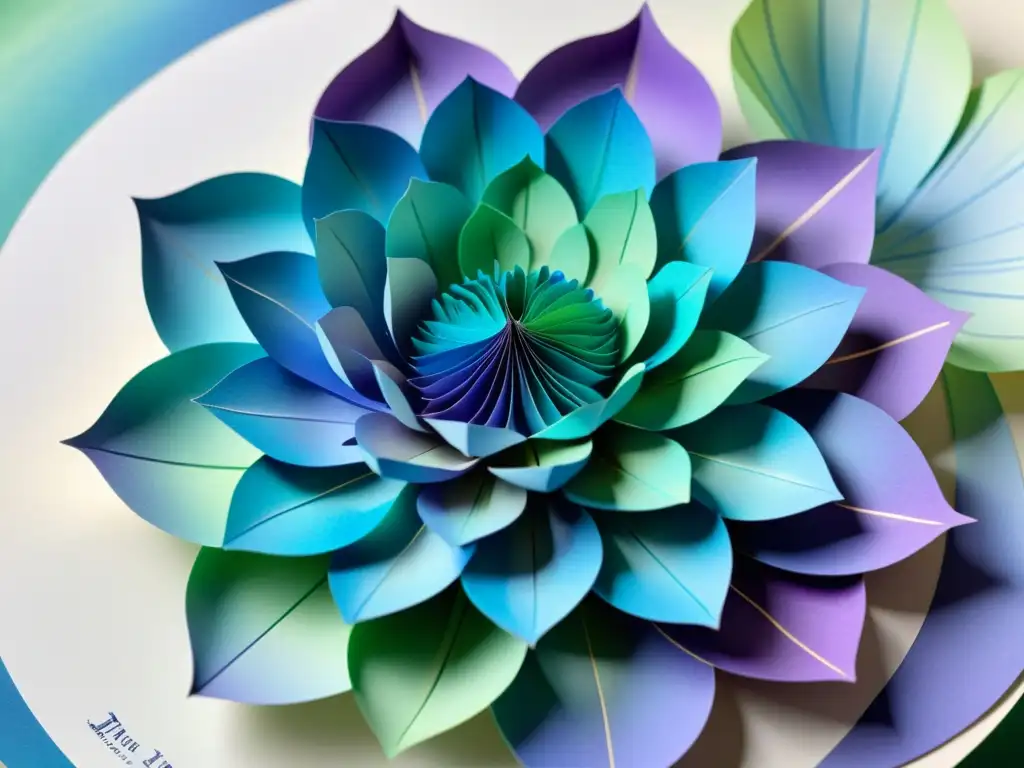 Escultura de poesía en papel con forma de flor, arte delicado y creativo en tonos azules, morados y verdes