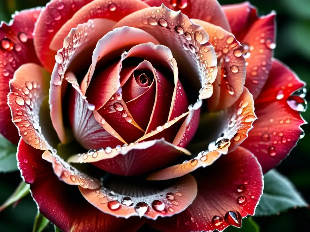 Capturar la esencia poética de una rosa roja con gotas de rocío que reflejan la luz como diminutos prismas, realzando su belleza