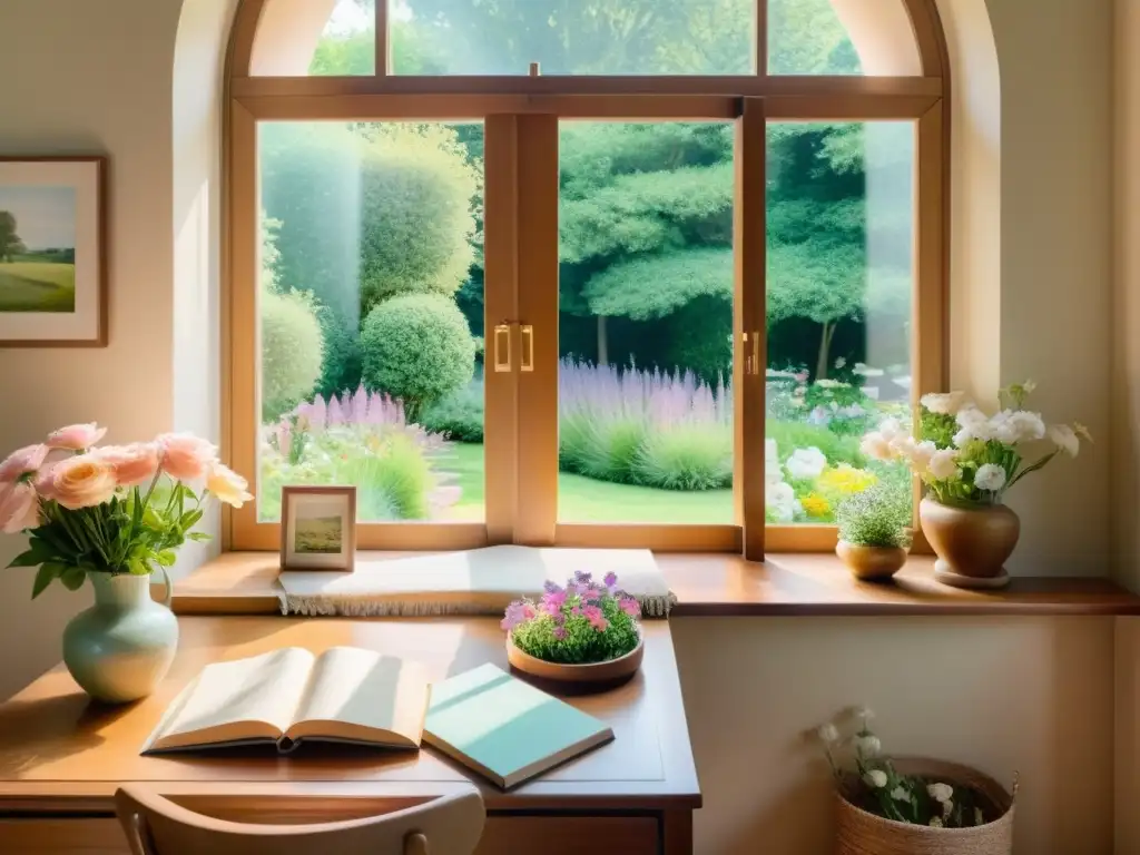 Un espacio acogedor con luz solar, un escritorio, flores frescas y libros de poesía