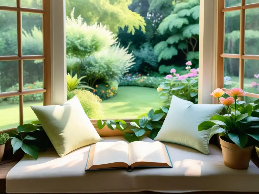 Espacios permanentes para la poesía: acogedor rincón de lectura bañado por la luz del sol en un exuberante jardín, con libros y almohadas suaves