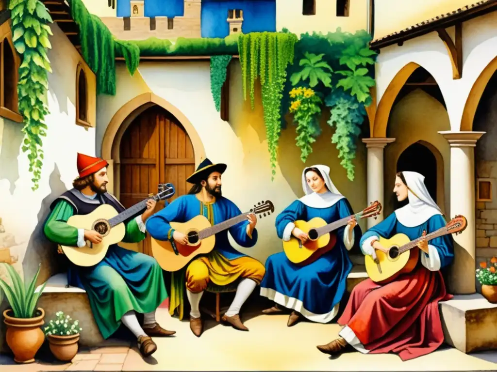 Un espectáculo de poesía medieval en lenguas romances, con músicos y trovadores en un patio rodeado de vegetación exuberante y tapices coloridos