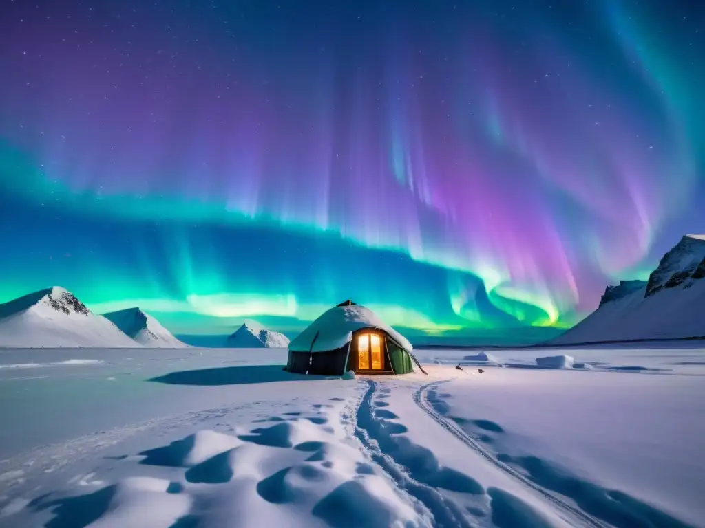 Un espectáculo natural de las luces del norte ilumina el paisaje ártico nevado, con una figura admirando la belleza