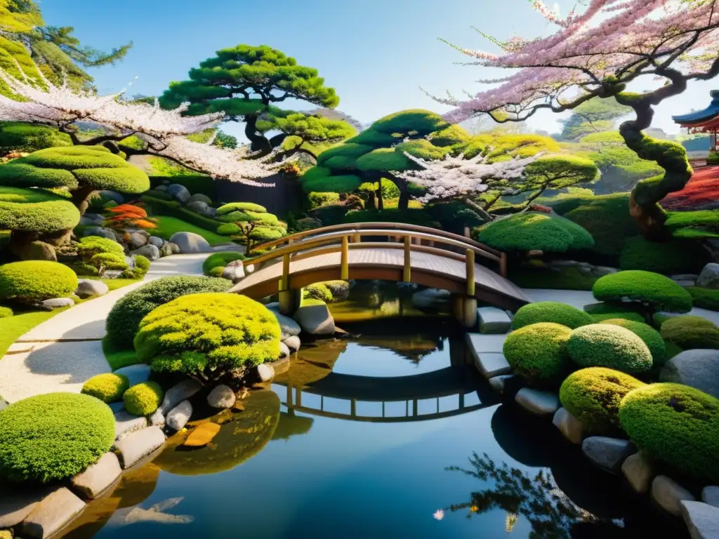 El espíritu de Japón en Sendas de Oku: Jardín japonés con bonsáis, cerezos en flor, estanque de koi y puente de madera