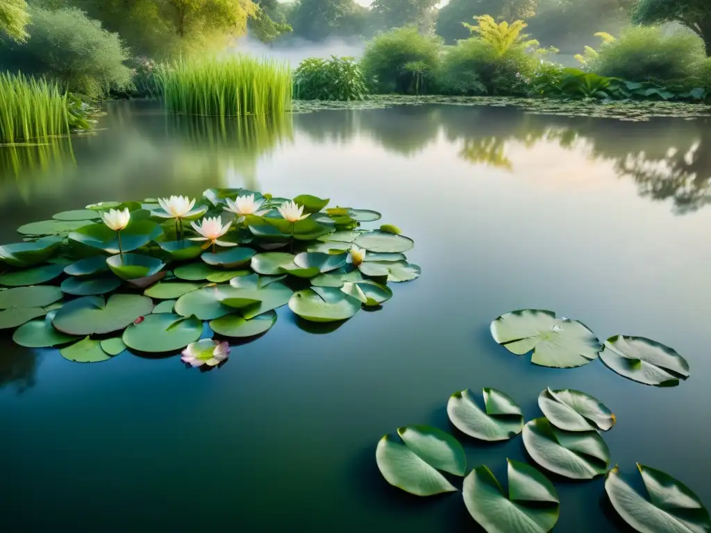 Un estanque sereno rodeado de exuberante vegetación, con nenúfares en la superficie y una suave neblina sobre el agua