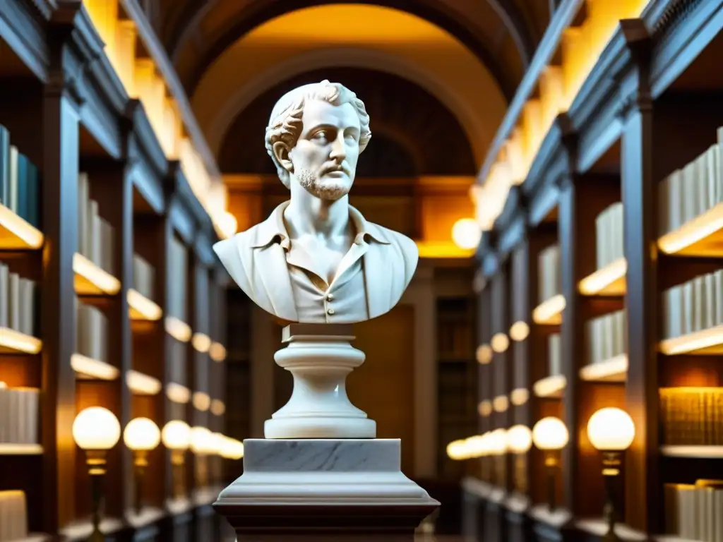 Estatua majestuosa de mármol de un poeta del Siglo de Plata en una biblioteca grandiosa, evocando el Renacimiento y formas clásicas de la poesía