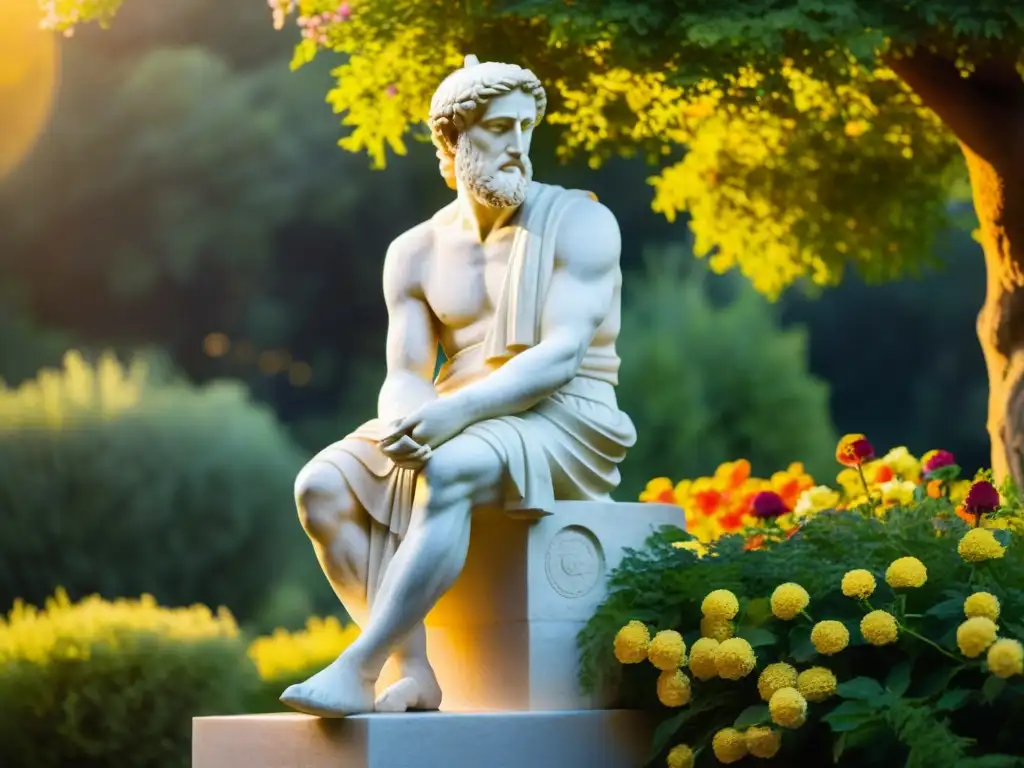 Estátua de mármol de poeta griego en contemplación, rodeada de naturaleza exuberante y flores vibrantes bajo la cálida luz dorada del atardecer