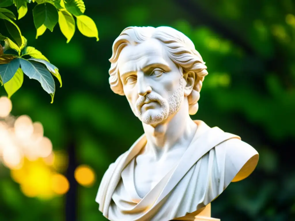 Estatua de mármol de un poeta italiano rodeada de exuberante vegetación, bañada por la cálida luz dorada del atardecer