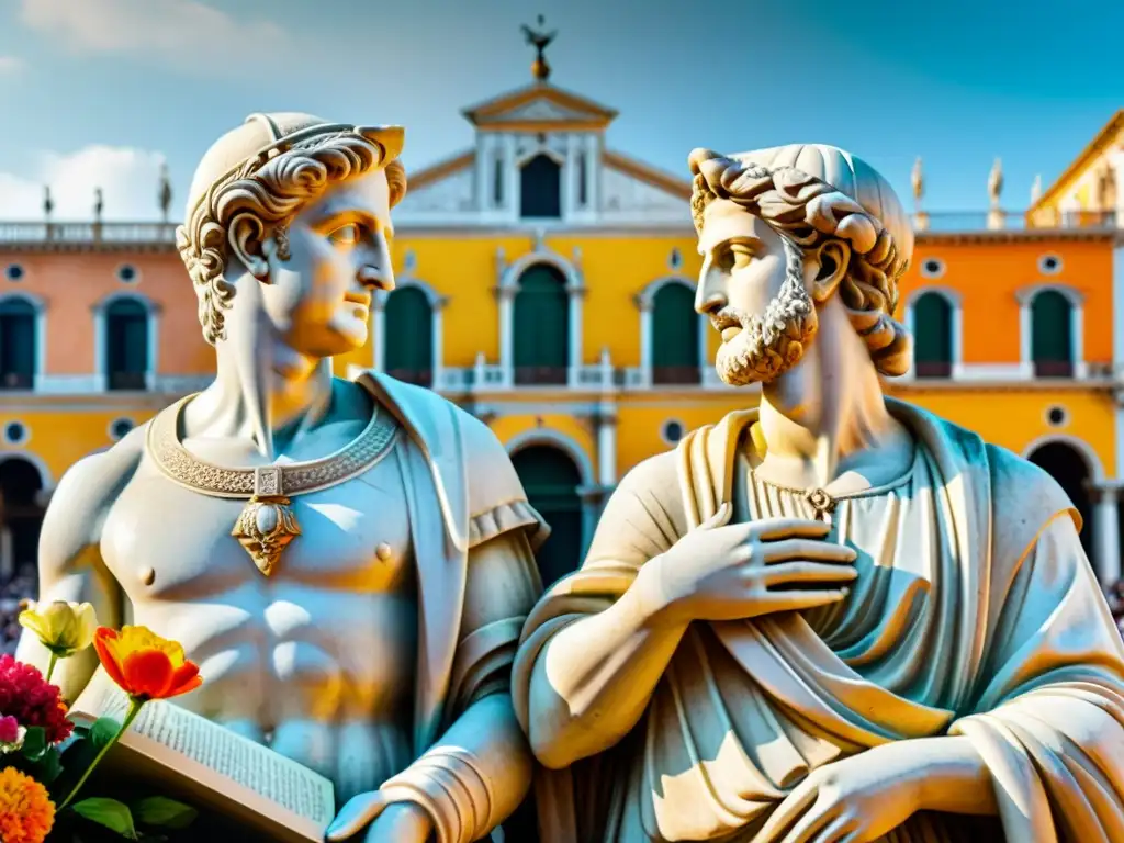 Dos estatuas de poetas enfrentados en una plaza, rodeadas de flores y versos, con arquitectura florentina y veneciana de fondo