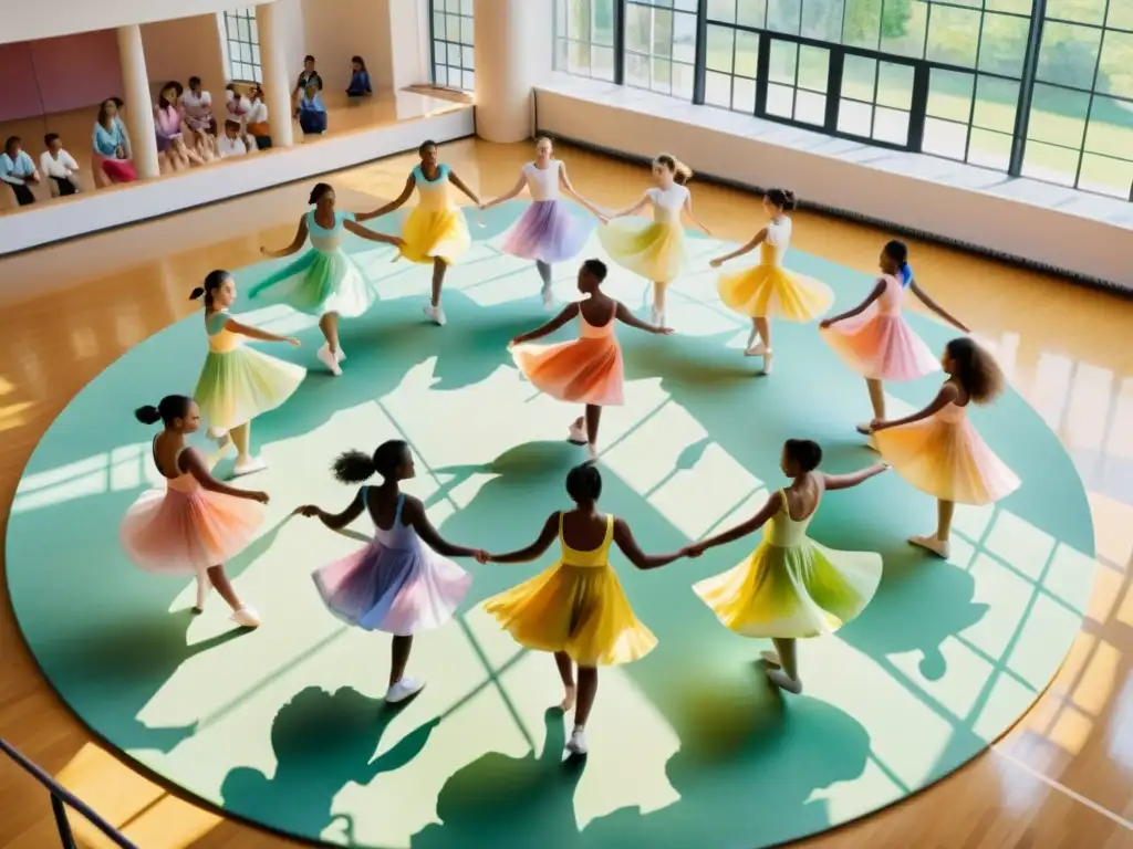 Estudiantes realizando coreografías poéticas en un gimnasio soleado, capturando la belleza del movimiento en una pintura acuarela detallada de 8k